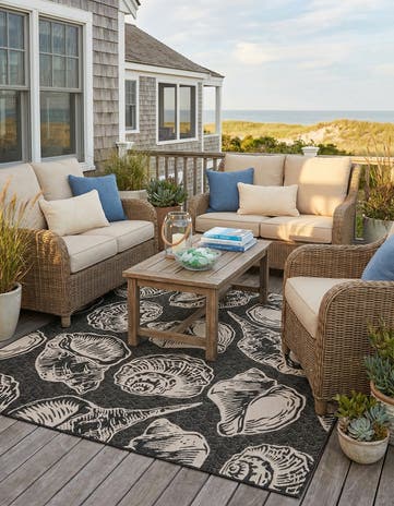 Black and White Easy-Clean Coastal Indoor / Outdoor Square Rug