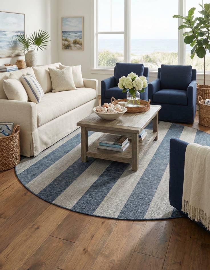 Detail image of 12' x 12'  Washable Striped Indoor / Outdoor Round Rug