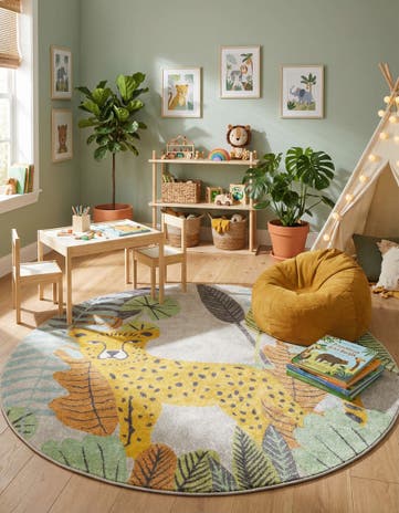 7' 10 x 7' 10 Leopard Whimsy Kids Round Rug