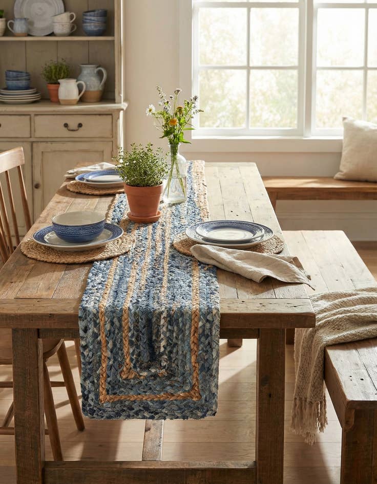 Detail image of  1' 2 x 5' 1  Hand Braided Chindi Table Runner Rug