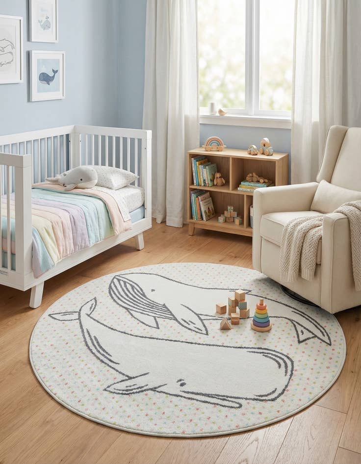 Detail image of 5' 3 x 5' 3 Whale Whimsy Kids Round Rug