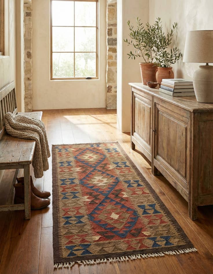 Detail image of 3' 2 x 6' 4  Hand Woven Kilim Maymana Wool Runner Rug