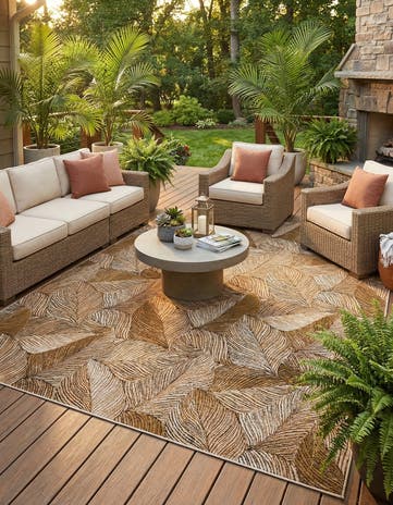 Brown and Beige Easy-Clean Botanical Indoor / Outdoor Rug