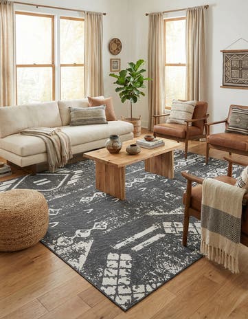 Charcoal Gray Easy-Clean Bohemian Indoor / Outdoor Rug