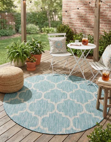 Aquamarine Easy-Clean Lattice Indoor / Outdoor Round Rug