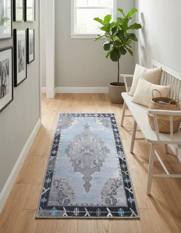 Blue Gray Washable Timeless Runner Rug