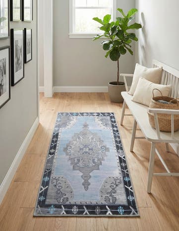 Blue Gray Washable Timeless Runner Rug