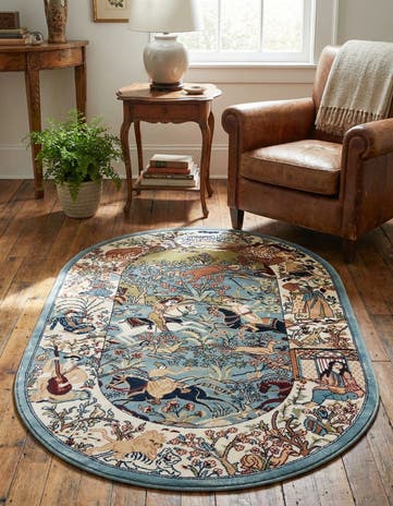 Blue Nain Design Oval Rug