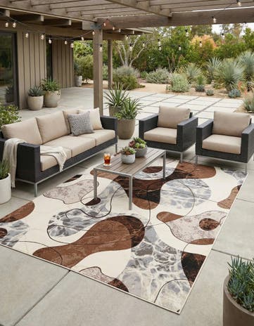Brown and White Easy-Clean Modern Indoor / Outdoor Rug