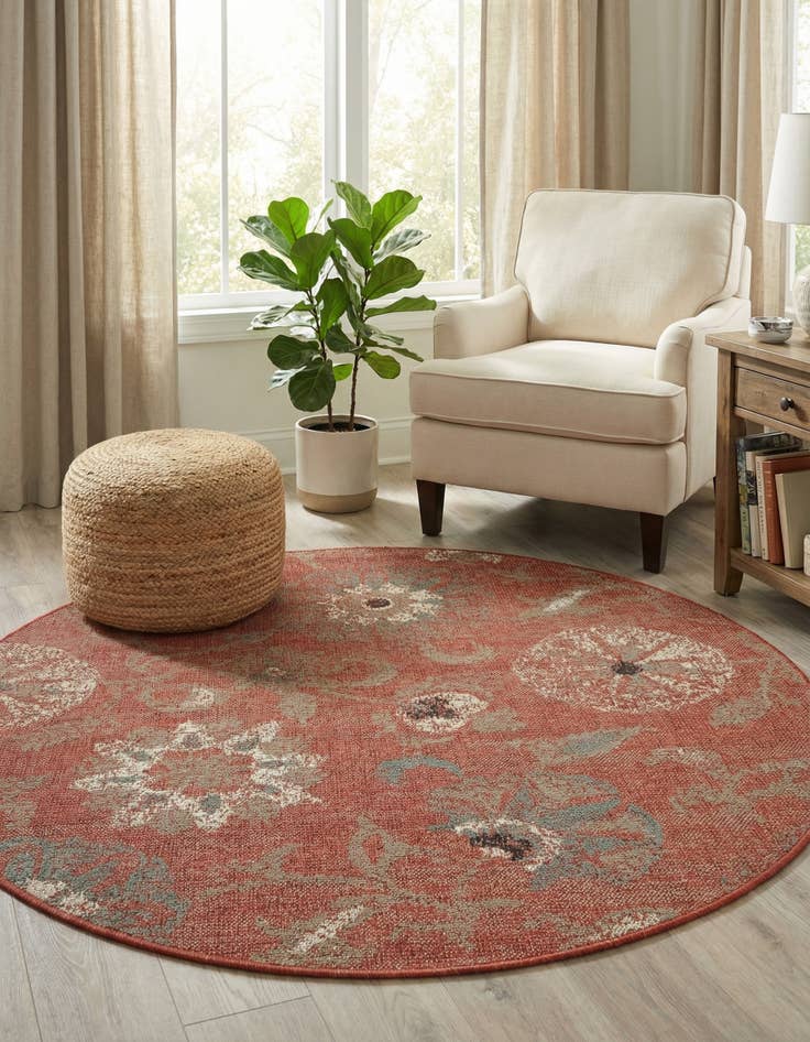 Detail image of 5' x 5' Easy-Clean Botanical Indoor / Outdoor Round Rug