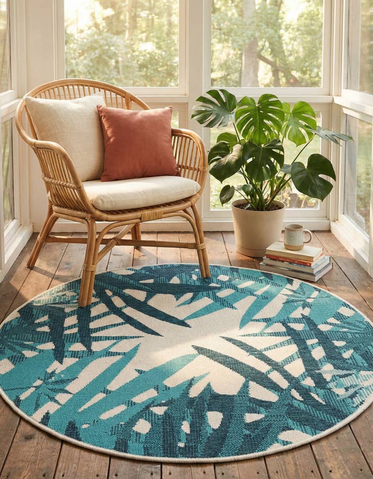 Detail image of 4' x 4'  Washable Botanical Indoor / Outdoor Round Rug