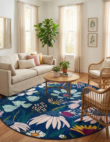 Navy Blue Bloom Round Rug