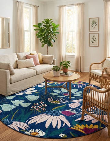 Navy Blue Bloom Round Rug