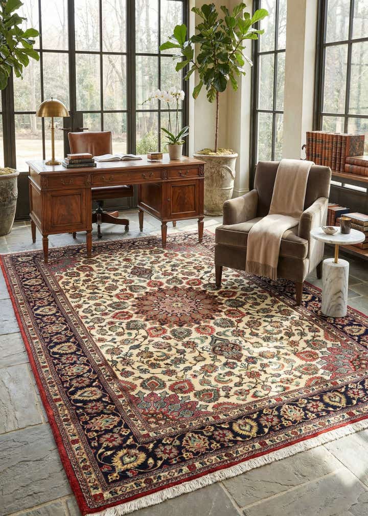 6' 9 x 9' 8 Hand Knotted Qom Persian Rug