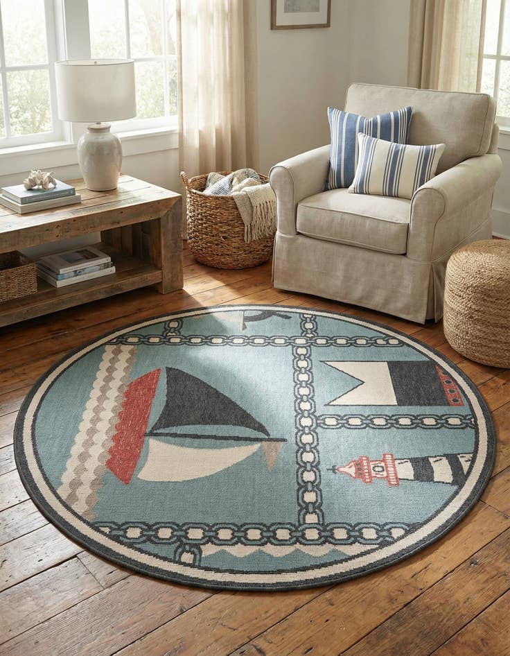 Detail image of 5' x 5'  Washable Coastal Indoor / Outdoor Round Rug