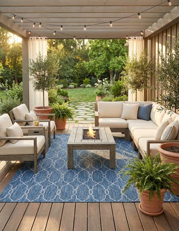 Blue Easy-Clean Lattice Indoor / Outdoor Rug