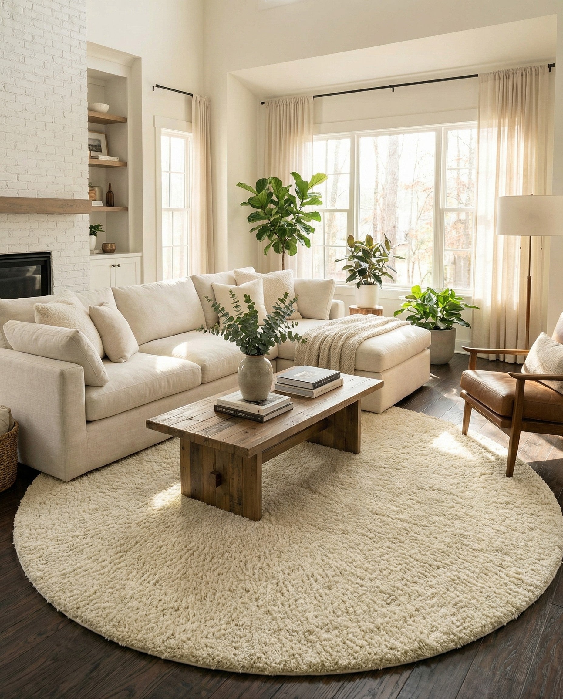 A large 12' 4 round ivory shag rug, made of soft polypropylene, shown against a white background.