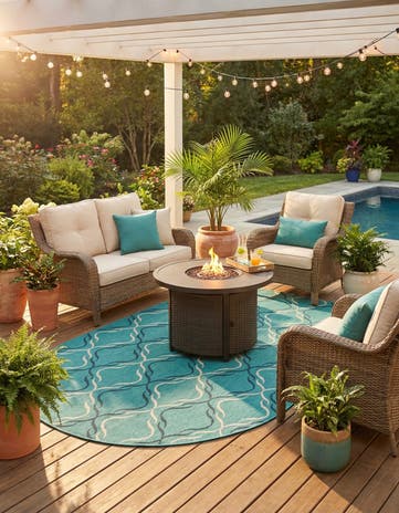 Teal Easy-Clean Lattice Indoor / Outdoor Oval Rug