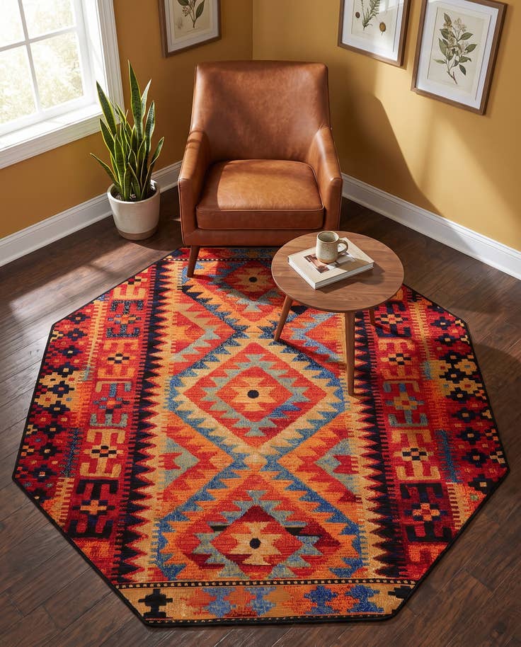 Detail image of 5' 3 x 5' 3 Easy-Clean Tribal Indoor / Outdoor Octagon Rug