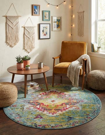 Turquoise Washable Carnevale Round Rug