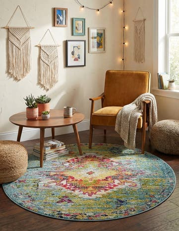 Turquoise Washable Carnevale Round Rug