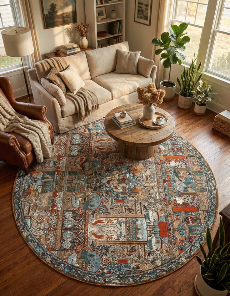 Detail image of 10' x 10'  Washable Traditional Indoor / Outdoor Round Rug
