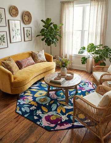 Navy Blue Bloom Octagon Rug