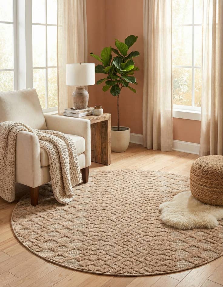 Detail image of 5' 3 x 5' 3  Washable Trellis Textured Indoor / Outdoor Round Rug