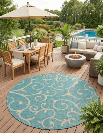 Light Aqua Easy-Clean Botanical Indoor / Outdoor Round Rug