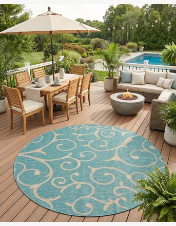 Light Aqua Easy-Clean Botanical Indoor / Outdoor Round Rug