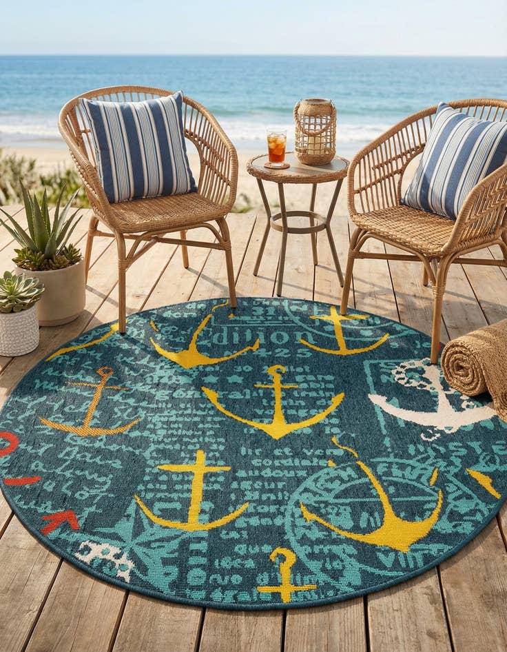 Detail image of 4' x 4'  Washable Coastal Indoor / Outdoor Round Rug