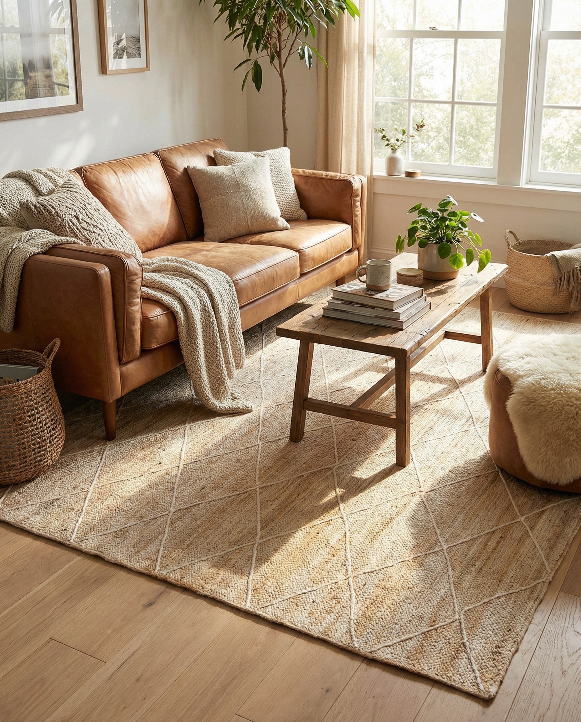An 8x11 rectangular ivory jute rug with a subtle white diamond pattern, perfect for a living room.