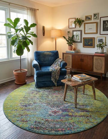 Green Washable Carnevale Round Rug