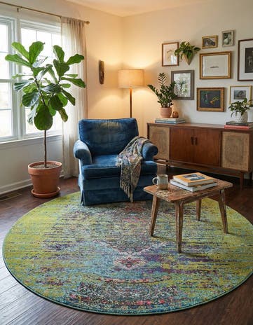 Green Washable Carnevale Round Rug