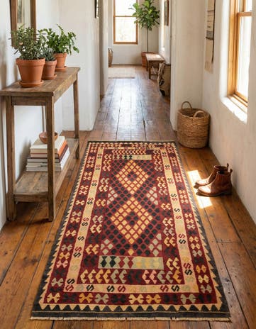 3' 4 x 6' 3 Hand Woven Kilim Maymana Wool Runner Rug