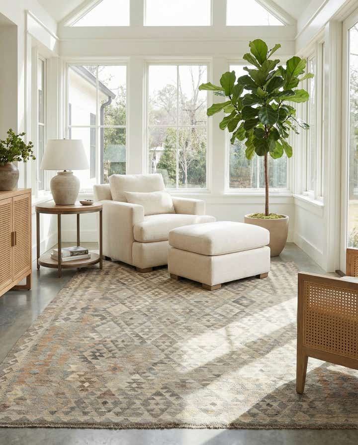 6' 11 x 9' 7 Hand Woven Kilim Maymana Wool Rug