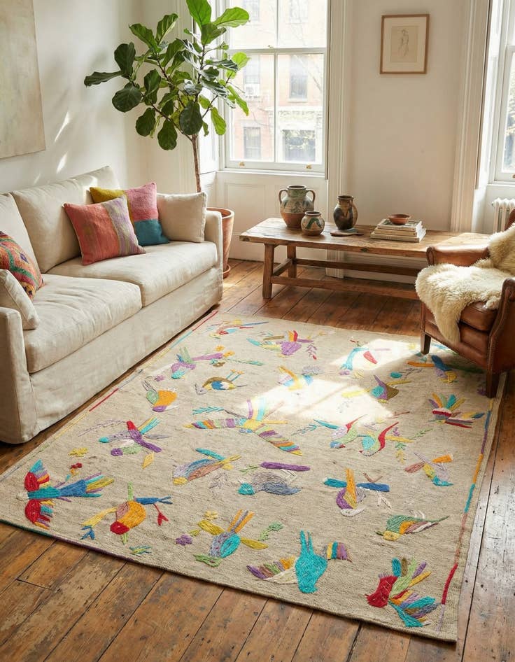 Detail image of 5' x 6'  Hand Woven Kilim Suzani Wool Square Rug