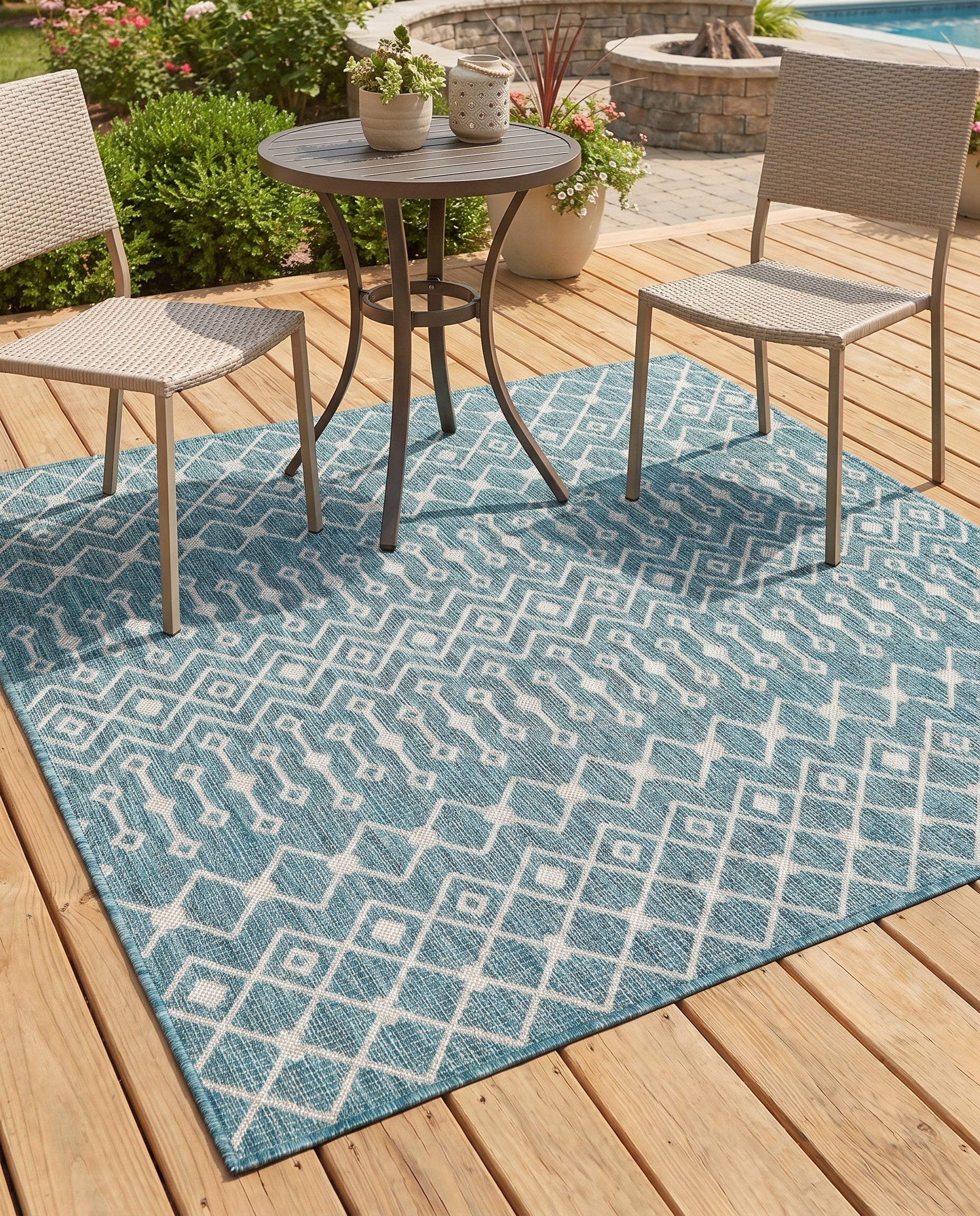 Teal Easy-Clean Trellis Indoor / Outdoor Square Rug