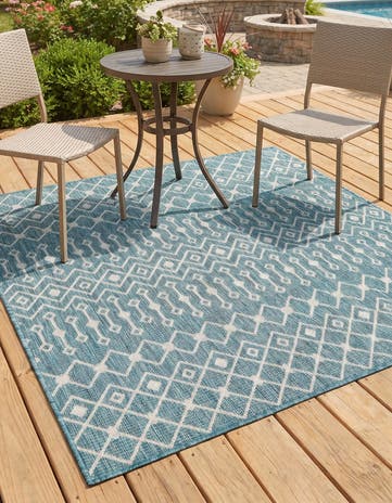 Teal Easy-Clean Trellis Indoor / Outdoor Square Rug