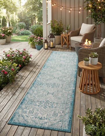 Teal Easy-Clean Aztec Indoor / Outdoor Runner Rug