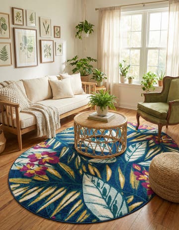 Navy Blue Bloom Oval Rug