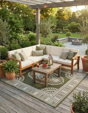 Green Easy-Clean Traditional Indoor / Outdoor Square Rug