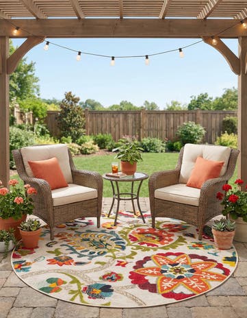 Multi Beige Easy-Clean Casablanca Indoor / Outdoor Round Rug