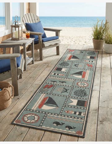 Blue Easy-Clean Coastal Indoor / Outdoor Runner Rug