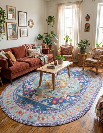 Blue Washable Timeless Oval Rug
