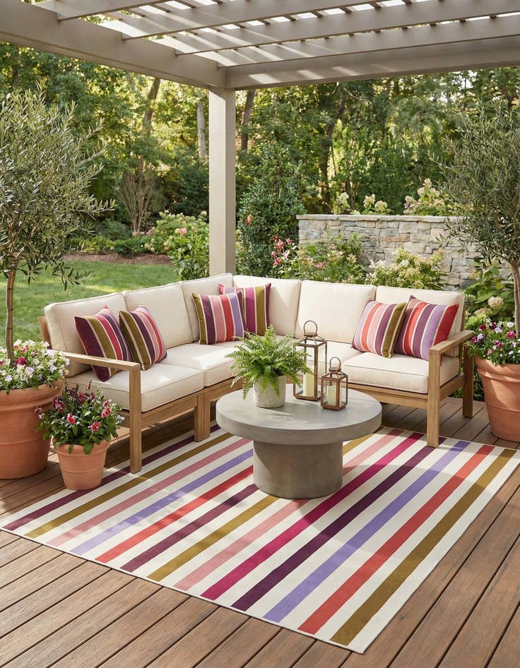 Detail image of 7' 10 x 7' 10  Washable Striped Indoor / Outdoor Square Rug