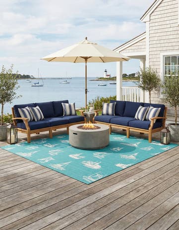 Teal Easy-Clean Coastal Indoor / Outdoor Square Rug
