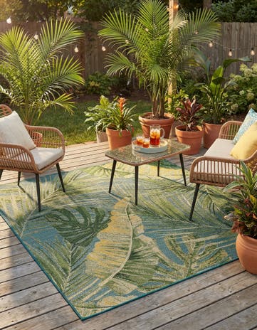 Green Blue Easy-Clean Botanical Indoor / Outdoor Square Rug