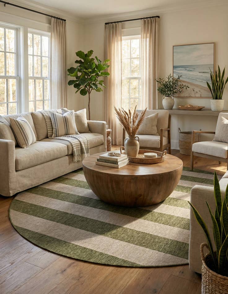 Detail image of 12' x 12'  Washable Striped Indoor / Outdoor Round Rug