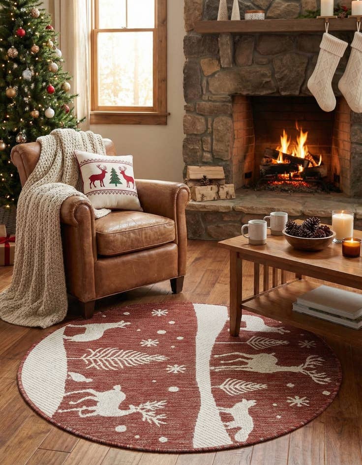 Detail image of 3' x 3'  Washable Holiday Indoor / Outdoor Round Rug